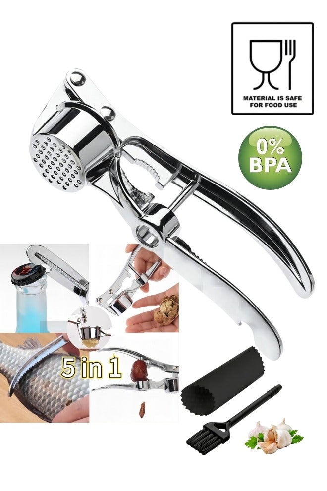 مجموعة عصارة ثوم من الفولاذ المقاوم للصدأ 5 في 1 - عصارة ثوم متعددة الوظائف تعمل كفتاحة زجاجات، وكسارة جوز، ومزيل قشور السمك، وأداة إزالة نوى التمر، بتصميم مريح، وسهلة التنظيف، وتشمل مقشرة ثوم وفرشاة تنظيف، وهدية مثالية لرمضان والعيد. - Image 1